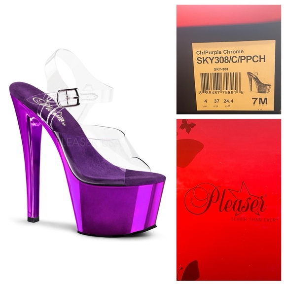 Pleaser Shoes - Pleaser NWT 7” heel Purple Chrome, Clear Ankle Strap Sandal, Style SKY308